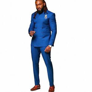 Afrika Blauw Mannen Pakken 2 Stuks Double Breated Geen Revers trajes de boda para hombre Moderne Heren Kleding Jas + broek X5mz #