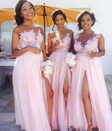 Afrika Land Bruidsmeisje Jurken 2019 Een lijn Split Cap Mouw Applicaties Roze Tuin Bruiloft Gastenjurken Maid of Honour Jurk goedkoop