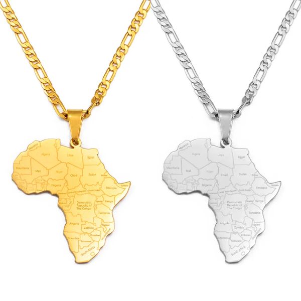 Carte de l'Afrique avec nom du pays, colliers avec pendentif en or jaune 14 carats pour femmes et hommes, bijoux de cartes africaines du Nigeria, du Congo, du Ghana, du Soudan et de la Somalie