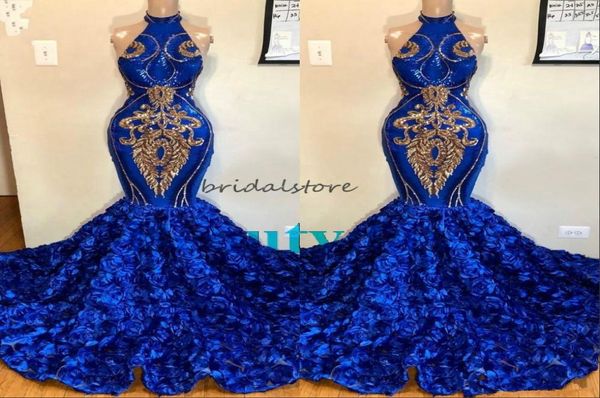 Afrique Royal Blue Mermaid Robes De Bal Avec Rose Floral Halter Plus La Taille Robe De Soirée Formelle Spark Sequin Applique Sweet 16 Quince9000550