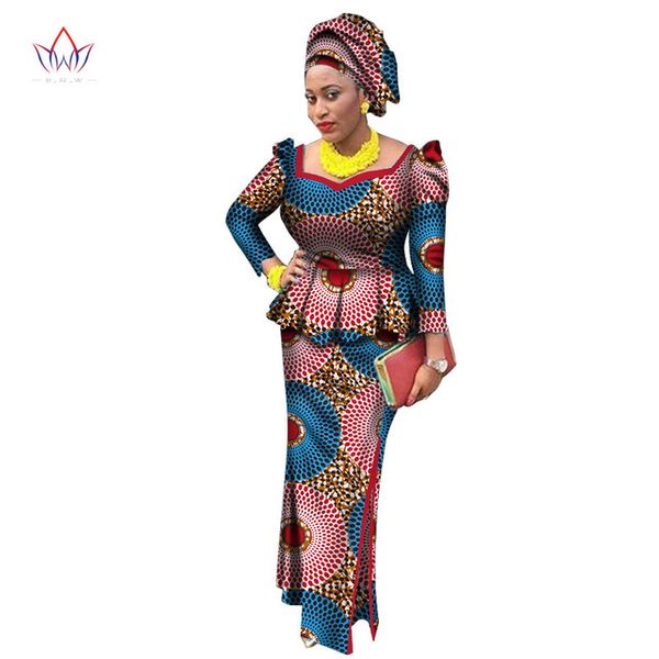 Vestidos Bazin Riche de estilo africano para mujer, conjunto de dos piezas, Tops de manga larga y falda larga con estampado africano de talla grande WY2438