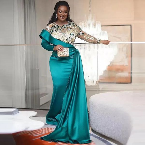 África Verde azulado Tallas grandes Vestidos para madre de la novia Manga larga Pliegues con apliques Vestido de madres de sirena para bodas Vestidos de fiesta formales elegantes