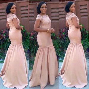 Afrikaanse 2017 Dusty Pink Mermaid Bruidsmeisjes Jurken Lange Kant Bateau Capped Mouw Maid of Honour Wedding Guest Dress Custom Made EN11303