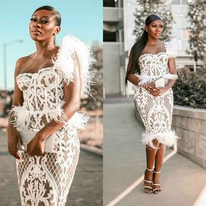 Afrikaanse 2020 veer prom dresses Één schouder knielengte korte kant avondjurken plus size formele glitz cocktail jurk