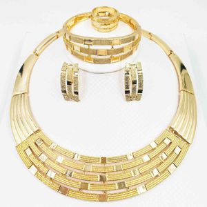 Afrikaanse 24k Goud Kleur Sieraden Sets Voor Vrouwen Dubai Bruids Huwelijksgeschenken Choker Ketting Armband Oorbellen Ring Sieraden Set 220224