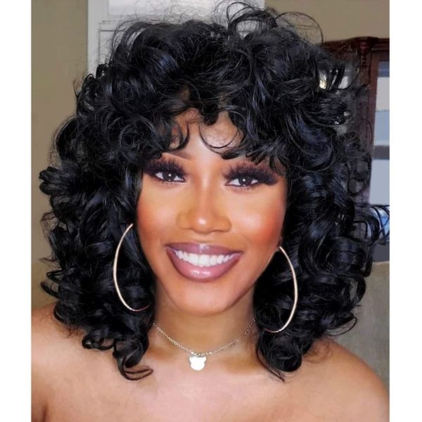 Pelucas afroamericanas 100% de cabello humano Peluca rizada corta e hinchable con flequillo Afro Kinky Curls máquina completa hecha de aspecto natural 150%
