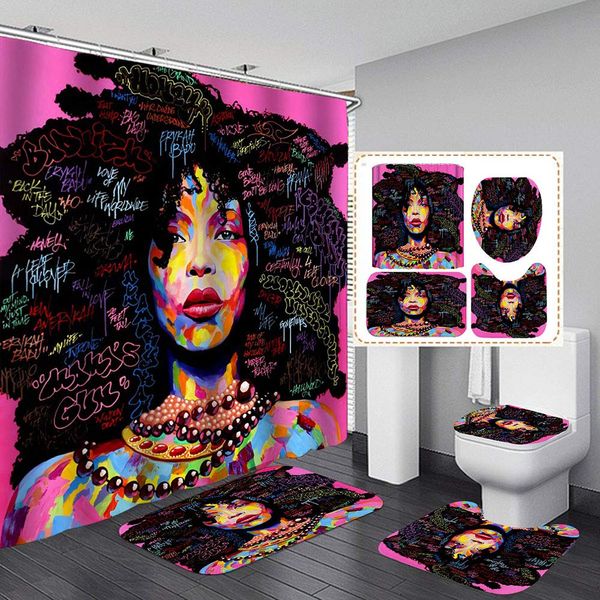 Afro-américain Black Girl Polyester Shower Curtain avec crochet salle de bain de salle de bain tapis de salle de bain sans glissement de toilette de toilette Ensemble de décoration intérieure moderne