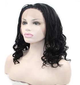 Perruques afro-américaines longues synthétiques tressées avant de lacet pour les femmes résistant à la chaleur brun bouclé Micro tressé perruque Hair2028169