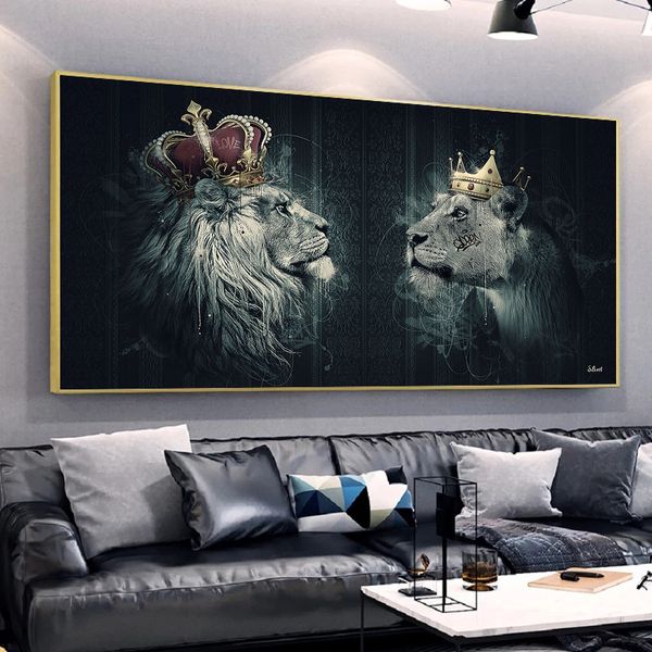 Lion animal africain avec couronne abstraite toile peinture Art affiche et impression mur Art animaux photos pour salon décoration