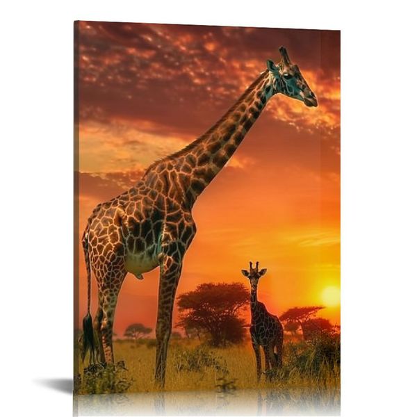 Animaux africains Canvas Art Wildlife Sunset Photo affiche Girafe Pictures peinture de la nature Impressions de paysage encadrées pour le décor du bureau à domicile moderne
