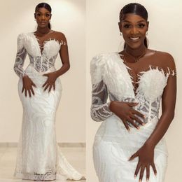 Africain arabe aso ebi robes de bal illusion sirène en dentelle robes de soirée élégantes pour les femmes noires robe de fête d'anniversaire deuxième robes de réception Pageant robe am297