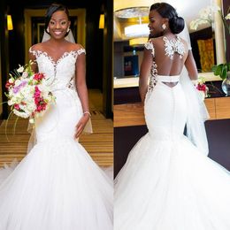 Vestido de novia de sirena árabe africano para novia Ilusión Cuello transparente Vestidos de novia de tul con cuentas para mujeres negras Vestido de matrimonio de tul para niñas Vestidos de boda de playa D129