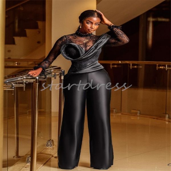 Africain Aso Ebi Robe de soirée noire 2024 Glam à manches longues en dentelle combinaison robe de bal pantalon pantalon tenue nigérian fête formelle anniversaire porter noir filles robe de soirée