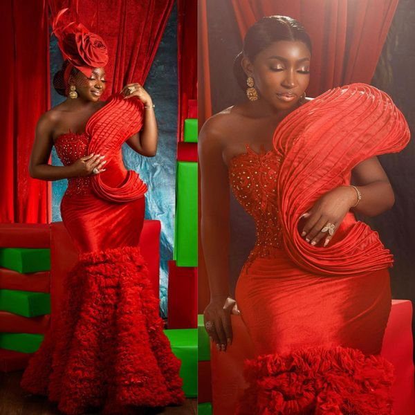 Africano Aso Ebi Vestidos de fiesta de talla grande Vestidos de noche Rojo Un hombro Apliques de encaje Con cuentas Tul plisado Vestidos de gala formales de cumpleaños para mujeres negras Niñas AM462