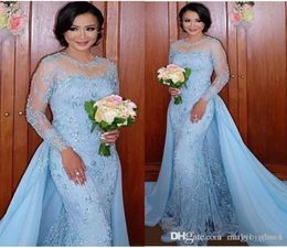 African Baby Blue Prom Dresses Mermaid con trenes desmontables Apliques de cuello transparente de mangas largas Train Árabe Dubai Evening PA2250574