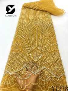 Tela de encaje con cuentas africanas 2024 cuentas de cristal de alta calidad para vestido de novia lentejuelas de malla de tul Y1278 231226