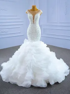 Vestidos de novia de sirena con cuentas africanas Bordado con cuentas Vestidos de novia de encaje con lentejuelas Tren de barrido Vestido de novia de organza Vestidos formales De Marie