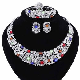 Afrikaanse kralen sieraden sets voor vrouwen ketting oorbellen armband ringen set bruiloft zilveren kleur kristal bruiloft accessoires