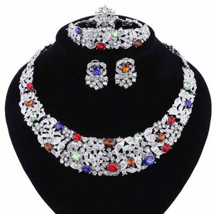 Ensembles de bijoux en perles africaines pour femmes, collier, boucles d'oreilles, bracelet, bagues, couleur argent, accessoires de mariage en cristal