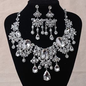 Afrikaanse kralen grote strass water drop verklaring ketting oorbellen klassieke Indiase kristal bruids sieraden set