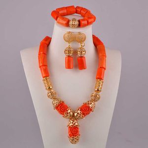 Afrikaanse kralen set sieraden natuurlijke koraal ketting oranje koraal sieraden set voor Nigeriaanse bruiloft H1022