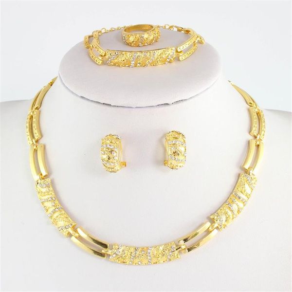 Perles africaines accessoires de robe de mariée Costume femmes fête plaqué or cristal collier indien bracelet boucle d'oreille bague bijoux ensembles2763