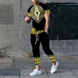 Africain Big Stone T-shirt Sports Pantals Set Ethnique Style 3D Printing Mens Superfine T-shirt à manches courtes Set 240510