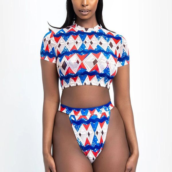 Ensemble de bikini africain taille haute maillots de bain femme maillot de bain deux pièces imprimé plage cou à manches courtes maillot de bain plus taille 210520