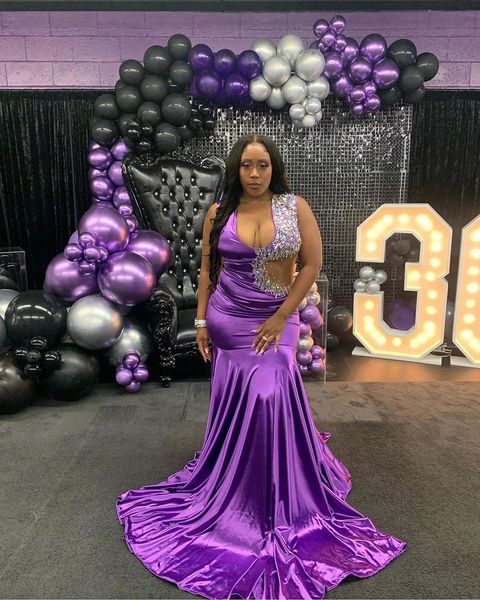 Robes de bal fille noire africaine 2022 voir à travers la taille sangle perlée violet sirène longues robes de bal