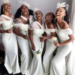 Afrikaanse zwarte meisjes bruidsmeisje jurken nieuwe sexy zeemeermin witte satijn lange trouwfeestjurk vrouwen formele jurken op maat