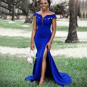 Afrikaanse zwarte meisjes bruidsmeisje jurken Royal Blue Boat Neck High Slit Mermaid Wedding Party Kristallen Prom Formal Jurk