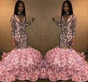 Robes de bal longues sirène rose filles noires africaines 2019 manches longues col en V fleurs florales 3D longueur de plancher robes de soirée BC1363