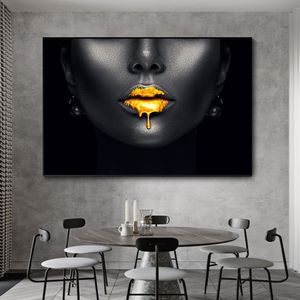 Afrikaanse zwarte vrouw met gouden lippen canvas schilderijen aan de muur posters en prints cover gezichtsafbeeldingen voor thuis kamer decor