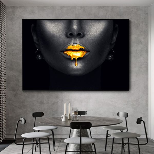 Femme noire africaine avec des lèvres d'or toile peintures sur le mur Art affiches et impressions couverture visage photos pour la décoration de la chambre à la maison