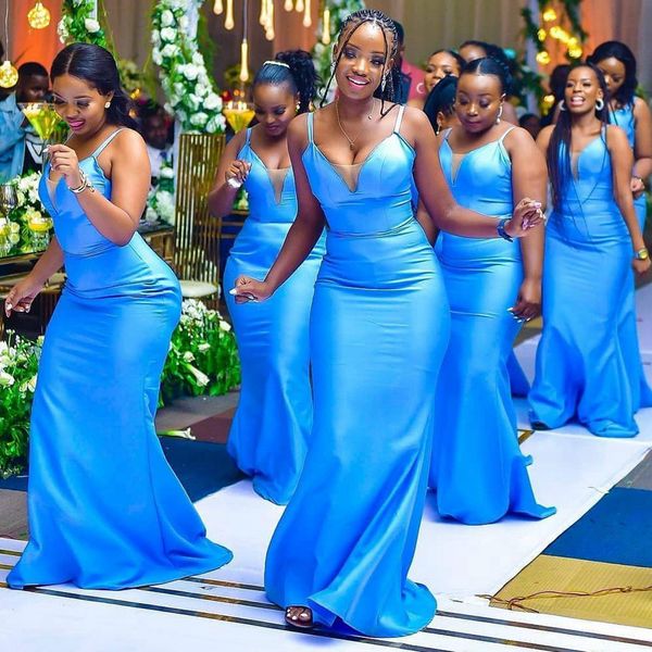 Vestidos de dama de honor junior azul africano Correas de espagueti de sirena Vestido largo de dama de honor de encaje con cuentas para niñas para mujeres negras Ropa de invitados de boda en boda NR015