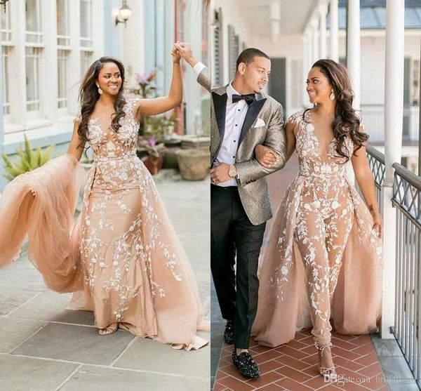 Mono de champán africano, vestidos de novia con encaje blanco, trajes de pantalón con apliques, vestidos de novia de estilo nigeriano de talla grande