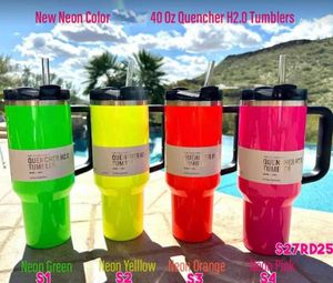 Waterverf tule neon winter cosmo roze quencher h2.0 40oz roestvrijstalen tuimelaars bekers met siliconengreep deksel en stro auto mokken water flessen lente blauw