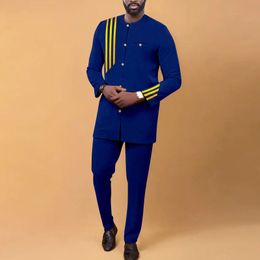 Vêtements africains pour hommes costumes Dashiki imprimé ensemble simple boutonnage manteau de finition pantalon tenue d'affaires décontractée pour mariage A2216070 240313