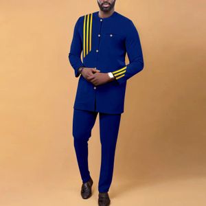 Vêtements africains pour hommes costumes dashiki imprimé ensemble pantalon top coat à poitrine simple tenue d'affaires décontractée pour mariage A2216070 240415