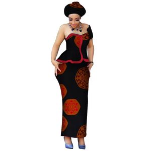 Afrikaanse kleding one-shoulder tops en rok sets met hoofd wrap voor vrouwen bazin Riche Afrikaanse 2 stuk rok sets kleding WY3765