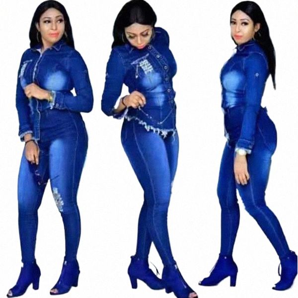 Vêtements africains Denim Two Picec Set Femmes Costume Automne Hiver Fi Jeans Lg Manches Chemise Pantalon Ensembles Assortis 2 Pièces Outfit U4wZ #
