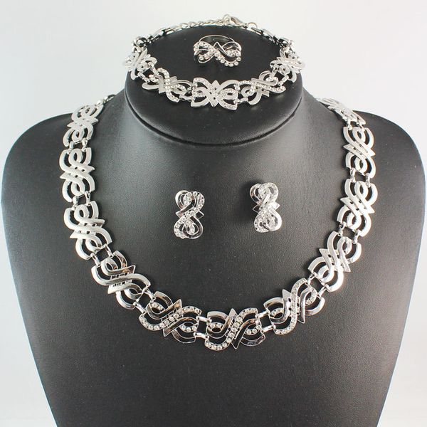 Costume africain fête de mariage argent plaqué cristal collier boucle d'oreille bracelet anneau perles africaines ensembles de bijoux