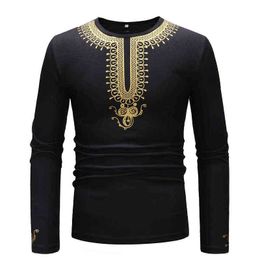 African Dashiki Print T -shirt Men 2022 Herfst nieuwe Afrikaanse kleren met lange mouwen Slim Fit Streetwear Casual Afrikaanse kleding XXL L220704