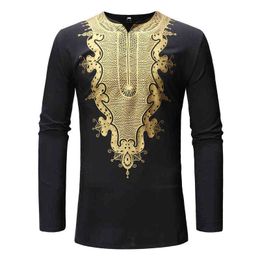 African Dashiki Print T -shirt Men Afrikaanse kleding 2022 Fashion V Neck Lange Mouw T -shirt Homme Hip Hop Streetwear Camiseta L220704