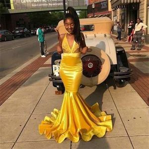 Afrikaanse diepe v-hals zeemeermin gele prom jurken lange geappliceerd halter zwarte meisjes sexy prom dress speciale feestjurk
