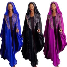 African Design Femmes musulman Abaya mousseline de soie longue robe robe diamants de luxe Perles à manches complètes boubou jilbab avec 240415 intérieur