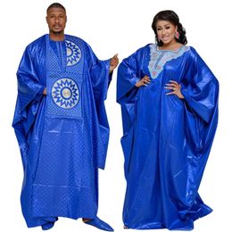 Robes africaines pour Couples, robe traditionnelle brodée en Bazin, longueur au sol, avec écharpe, Design de Couple, 240109