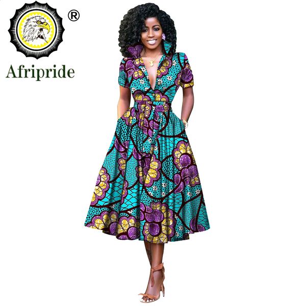 Robes africaines pour femmes à manches courtes Vneck haute taille ankara tissu imprime robe formelle pur coton bazin riche s2025072 240401