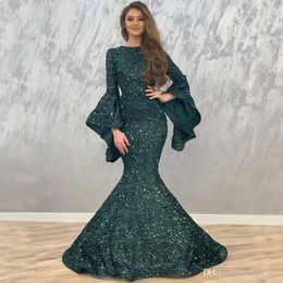 African Dubai Arabisch lovertjes Donkergroen goedkope Mermaid avondjurken Juwelnek Lange mouwen Prom jurk Formele feestjurken Vestidos