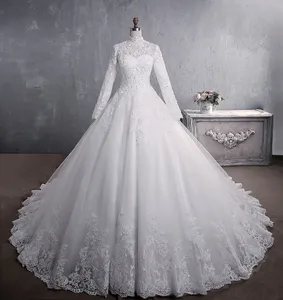 Africain Dubaï Élégant Manches Longues A-ligne Robes De Mariée Sheer Col Haut Appliques De Dentelle Perlée Vestios De Novia Robes De Mariée Avec Boutons Plus La Taille